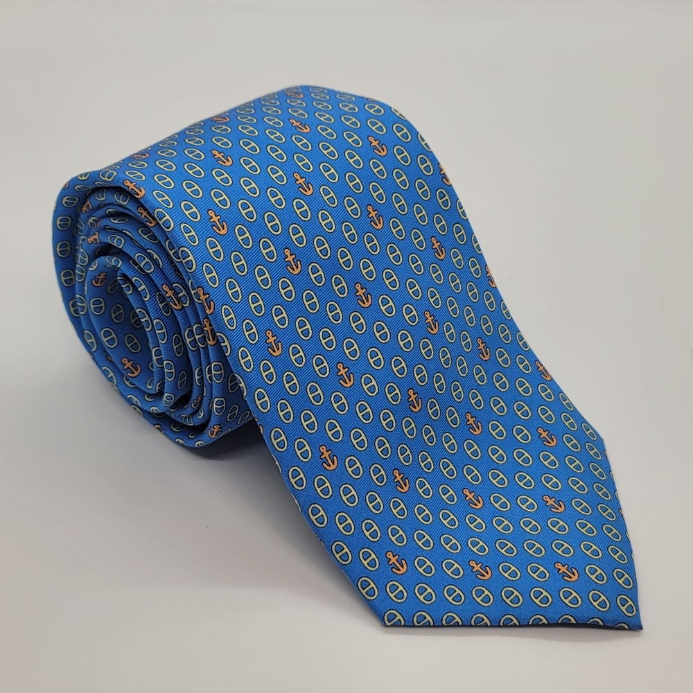 LEELAUS 100% Silk Blue Tie Nautical Theme All Over Orange Anchor Pattern Print